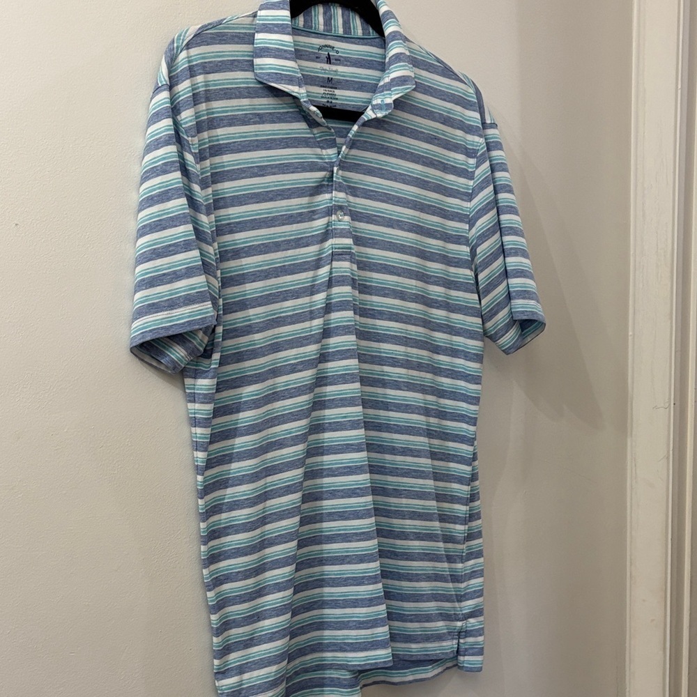 johnnie-O Blue and White Striped Polo Shirt - men’s medium - SPF 50